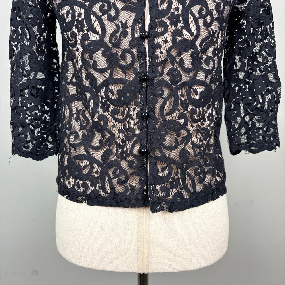 H&M Black Lace Sheer‎ Blouse 3/4 Sleeve Button Back XS